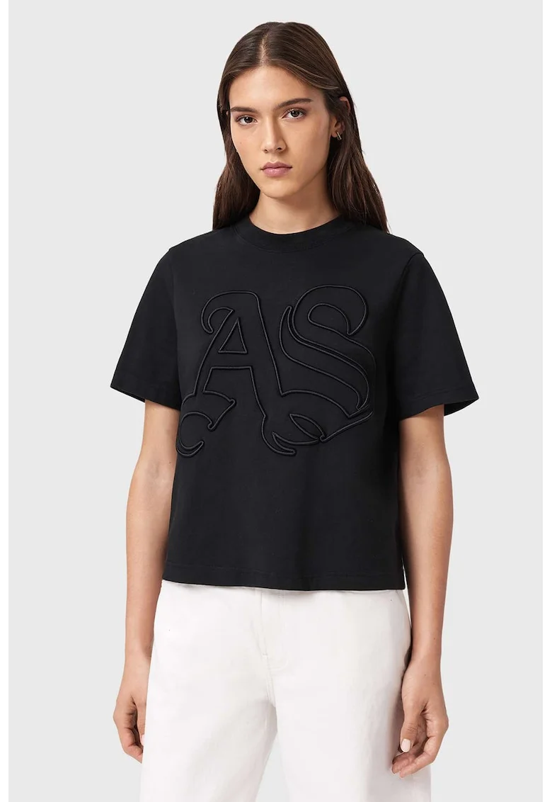 Tricou cu decolteu la baza gatului si logo brodat, Negru