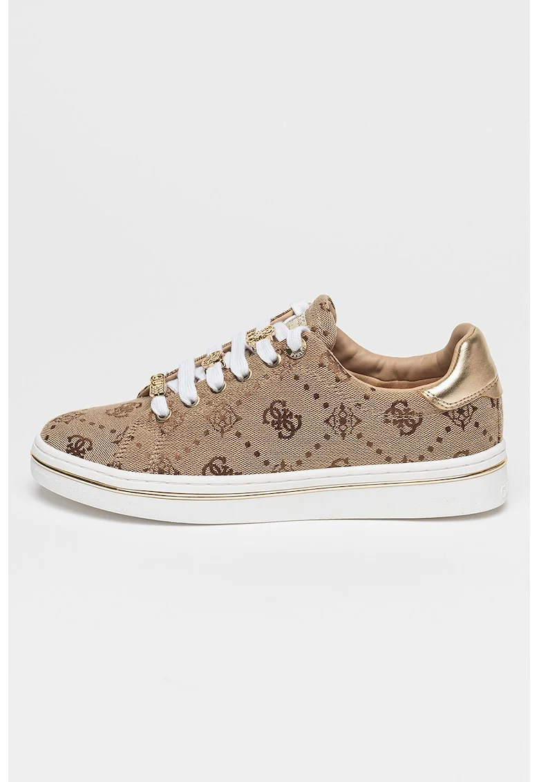 Pantofi sport low-cut cu model monograma, Auriu/Maro inchis