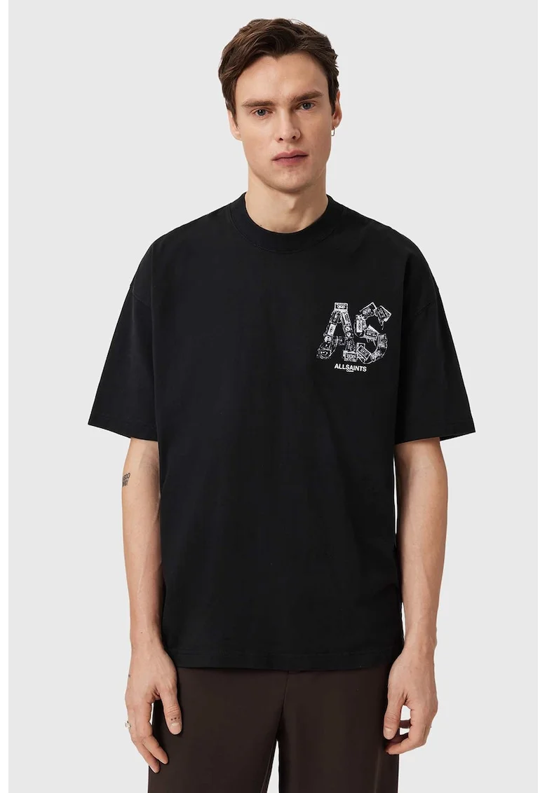 Tricou cu decolteu la baza gatului si logo supradimensionat, Alb/Negru