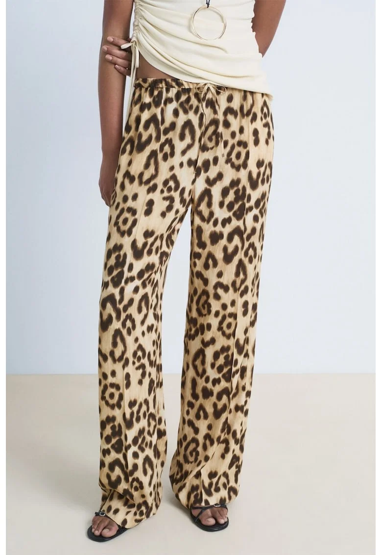 Pantaloni vaporosi cu animal print, Maro inchis/Maro camel