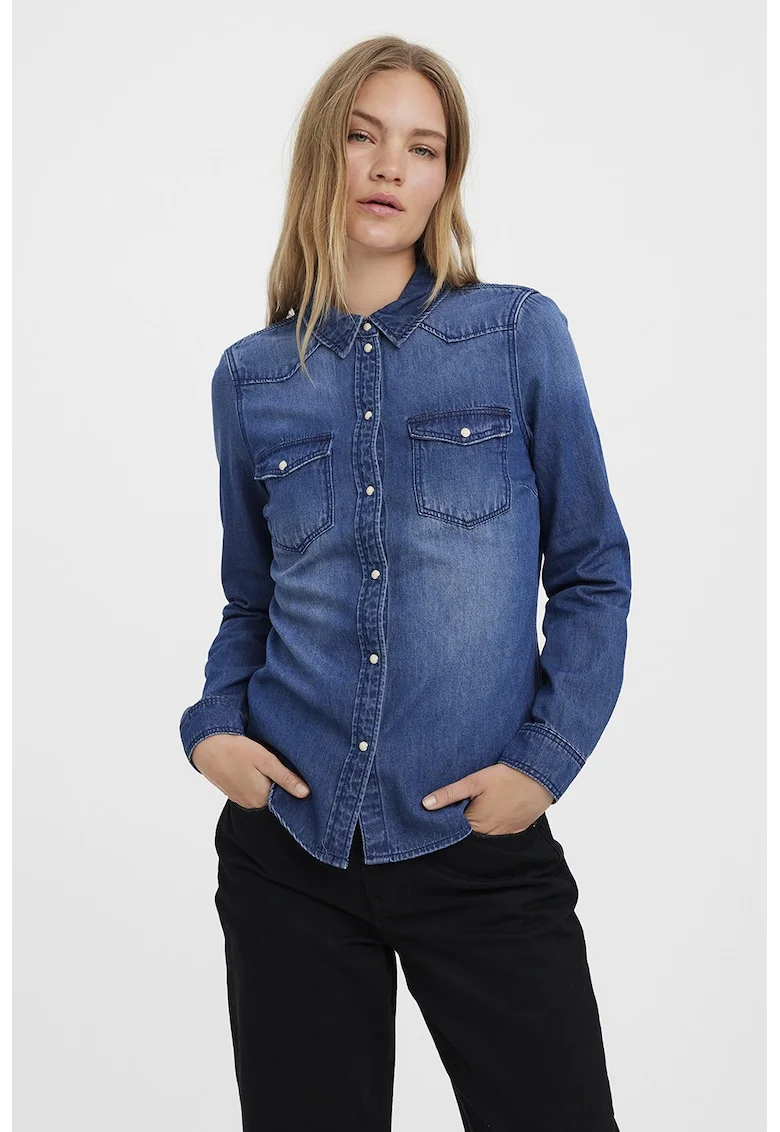 Camasa din chambray cu maneci lungi, Albastru inchis