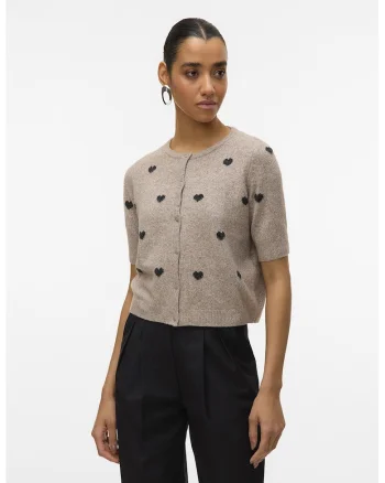 Cardigan cu nasturi si model inima, Negru/Bej