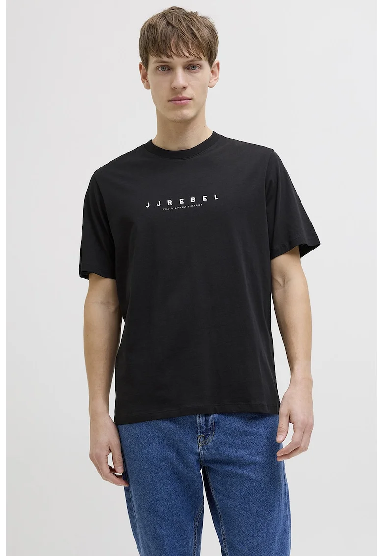 Tricou lejere din bumbac cu imprimeu logo, Negru