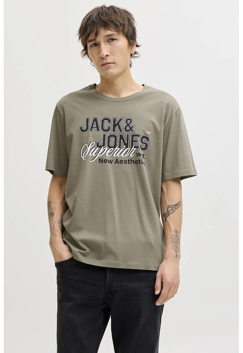 Tricou de bumbac organic cu imprimeu logo pe piept, Grej