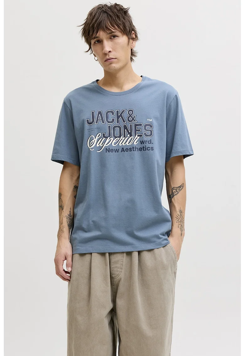 Tricou de bumbac organic cu imprimeu logo pe piept, Albastru lavanda