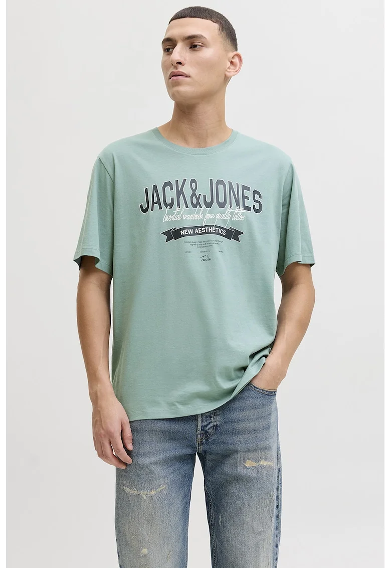 Tricou de bumbac organic cu imprimeu logo pe piept, Turcoaz