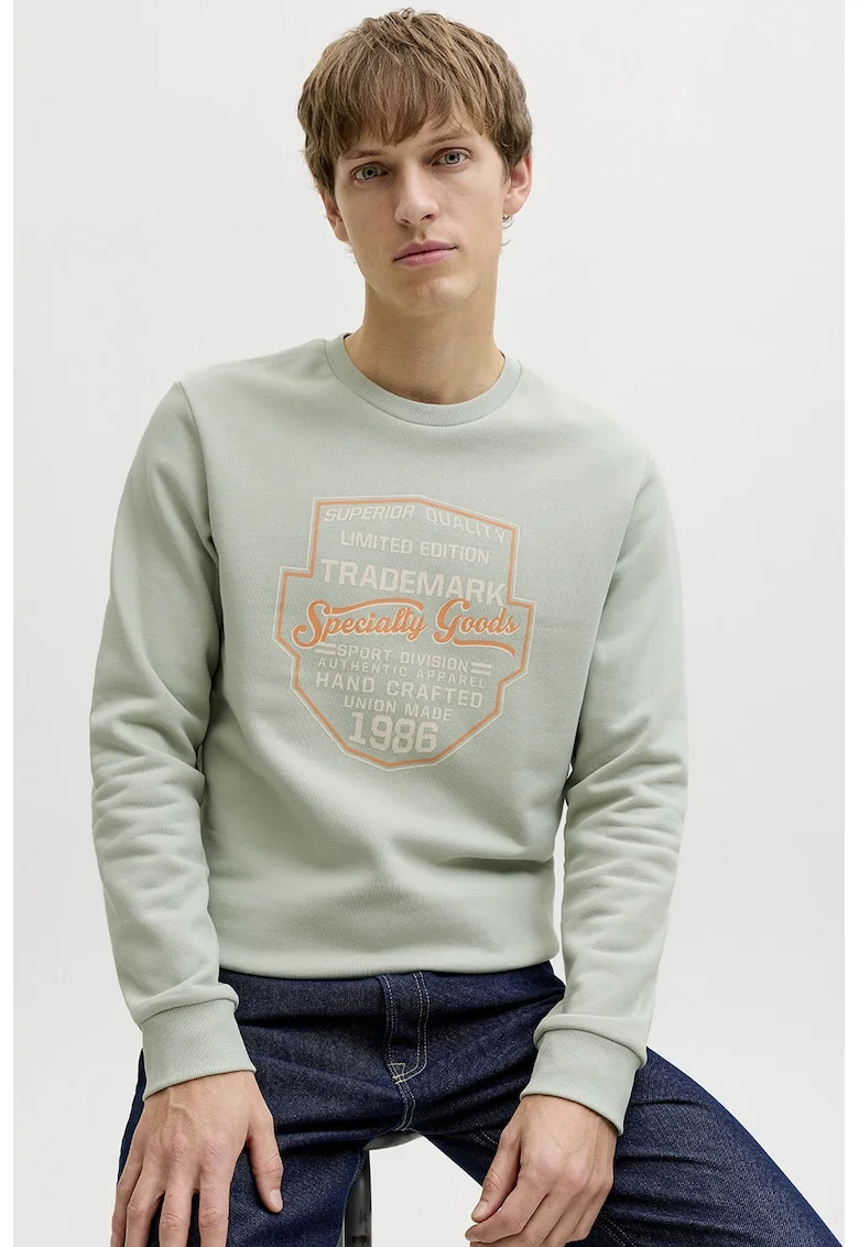Bluza de trening din amestec de bumbac cu imprimeu text, Albastru glaciar