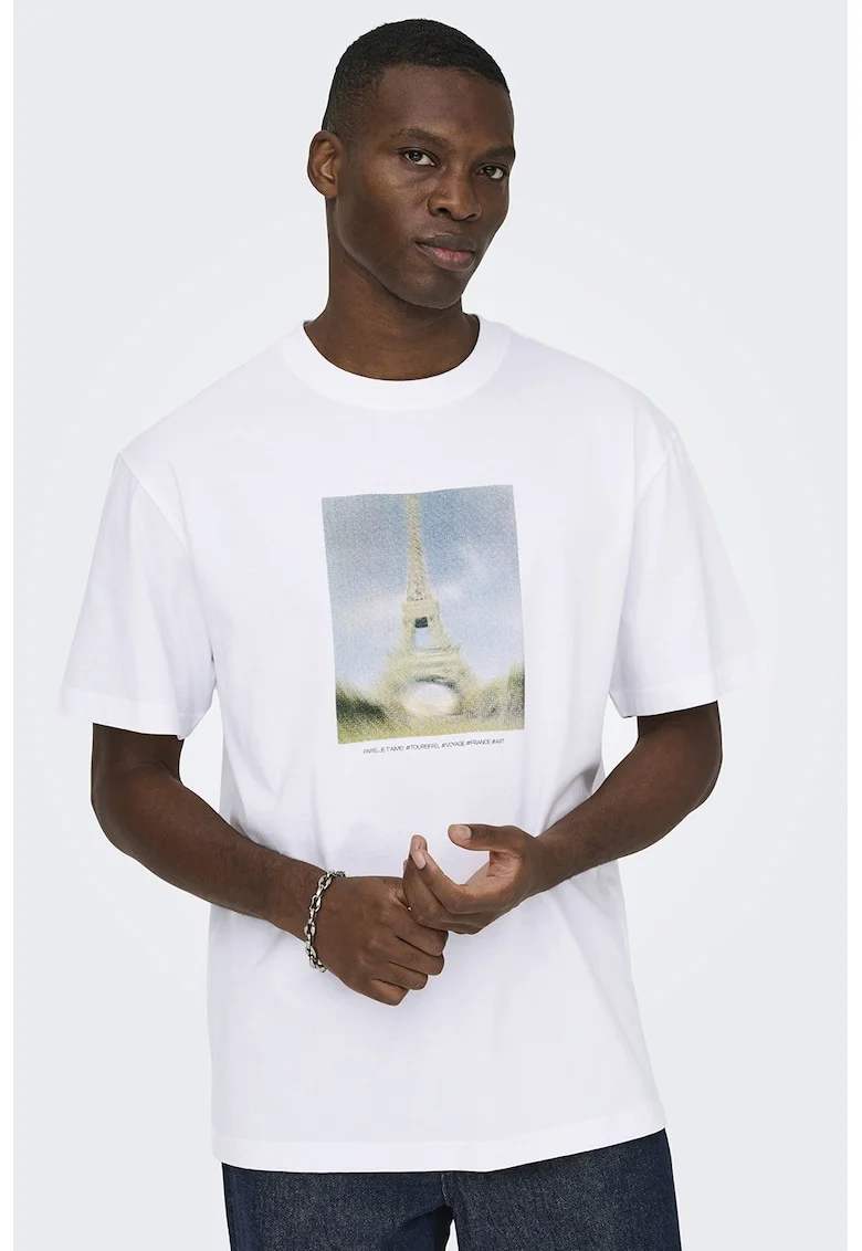 Tricou relaxed fit de bumbac organic cu imprimeu, Albastru prafuit/Alb optic