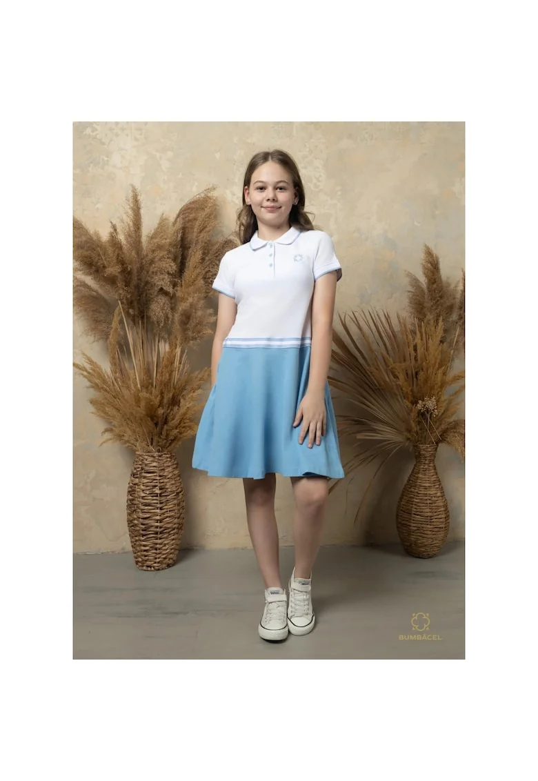 Rochie polo cu maneca scurta, pentru fetite, din bumbac, Albastru