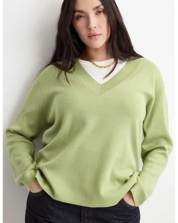 Pulover tricotat fin cu decolteu in V, Verde lime
