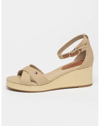 Sandale din material textil cu talpa wedge, Maro camel