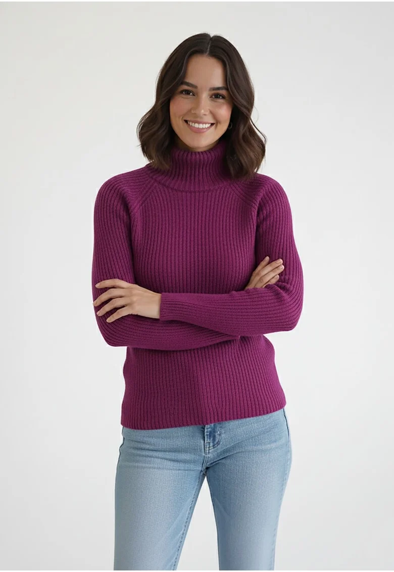 Pulover dama,  mulat, guler inalt, fuchsia, tricot reiat