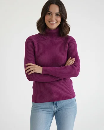 Pulover dama,  mulat, guler inalt, fuchsia, tricot reiat