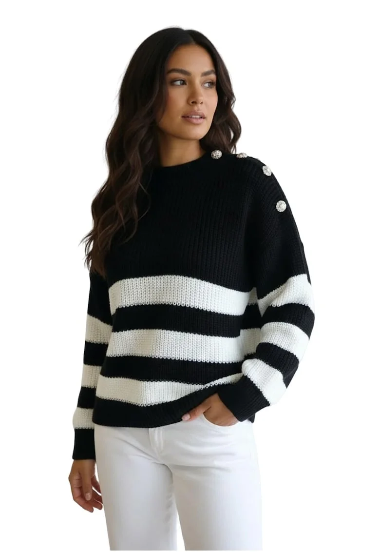 Pulover dama,  gros, alb-negru, cu model in dungi, decolteu rotund, maneci lungi