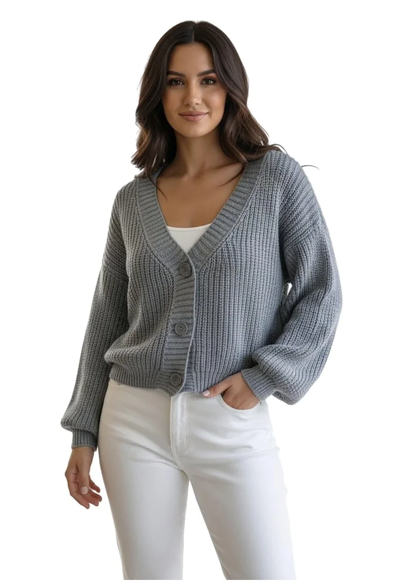 Pulover dama,  cardigan gri, tricot acrilic, decolteu in V, maneci bufante