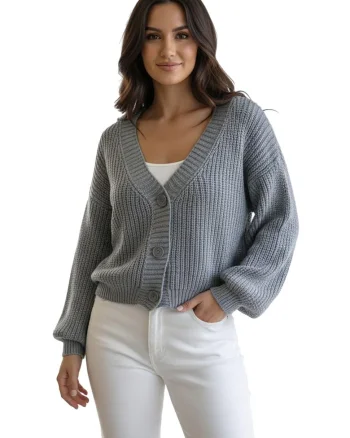 Pulover dama,  cardigan gri, tricot acrilic, decolteu in V, maneci bufante