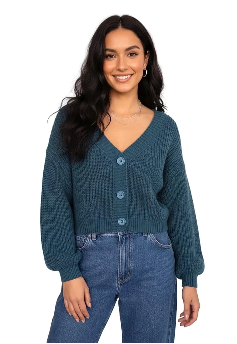 Cardigan dama,  verde marin, tricotaj sintetic, decolteu in V, maneci lungi