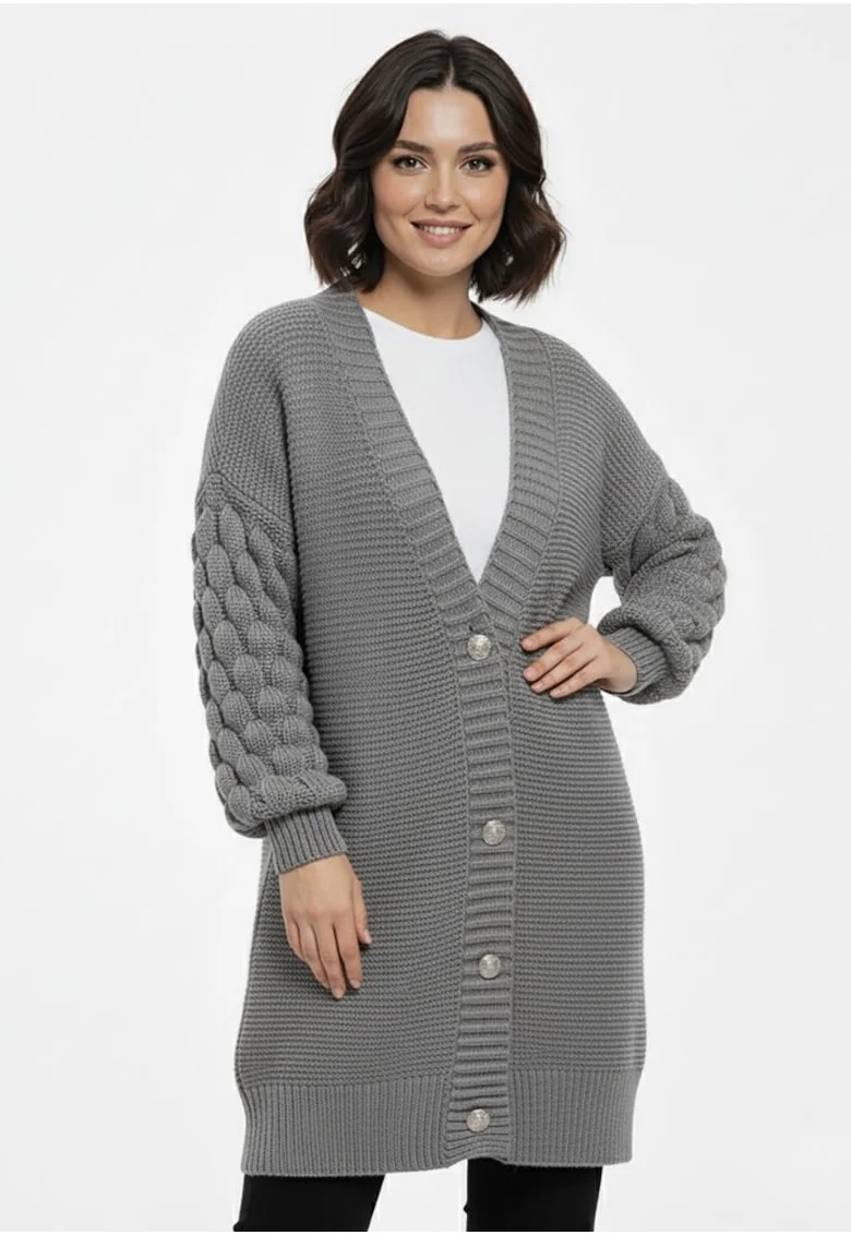 Cardigan lung,  cu maneci tip bubble, gri, tricotaj acrilic