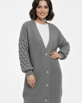Cardigan lung,  cu maneci tip bubble, gri, tricotaj acrilic