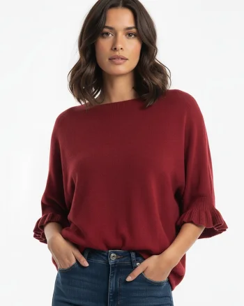 Pulover dama  bordeaux, tricot moale, maneci 3/4 cu volane, croiala lejera