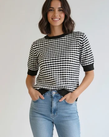 Pulover dama,  negru, houndstooth ecru, maneca scurta, tricot