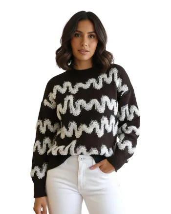 Pulover dama,  croiala lejera, modele ondulate crem, negru, tricot acrilic