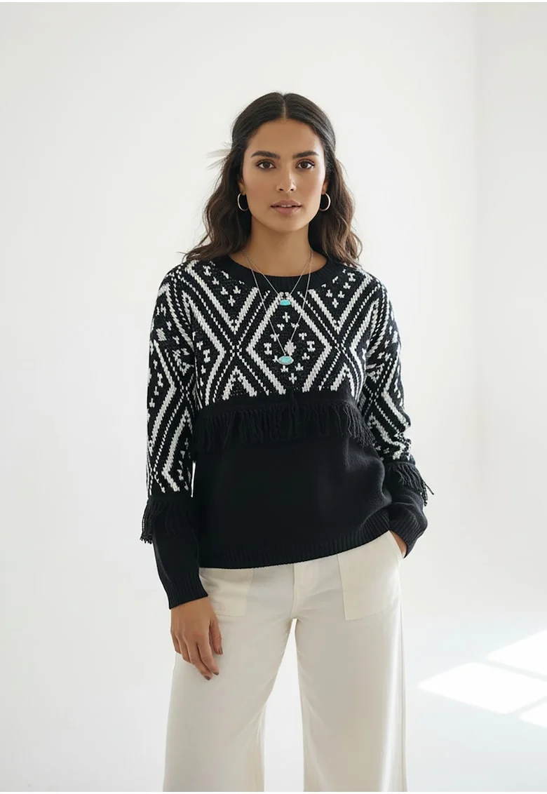 Pulover boho,  negru, cu franjuri, tricotaj sintetic