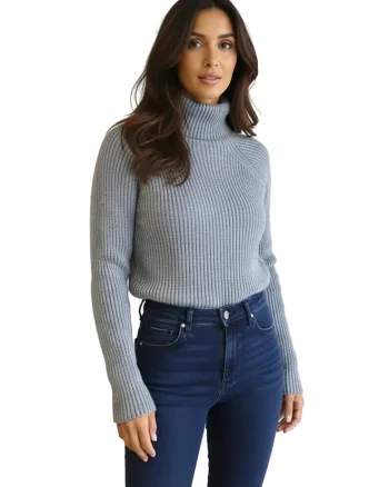 Pulover dama,  gri, croiala clasica, guler inalt, tricot moale
