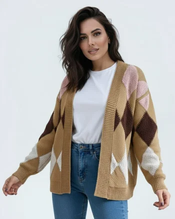 Cardigan dama  bej, tricot sintetic, model cu romburi, croiala lejera, fara inchidere