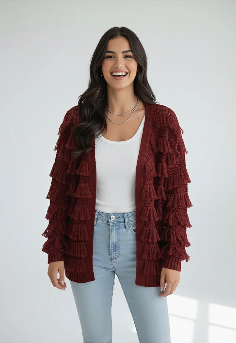 Cardigan  bordeaux, tricot acrilic, croiala lejera, maneci lungi, franjuri decorative, set casual
