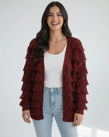 Cardigan  bordeaux, tricot acrilic, croiala lejera, maneci lungi, franjuri decorative, set casual