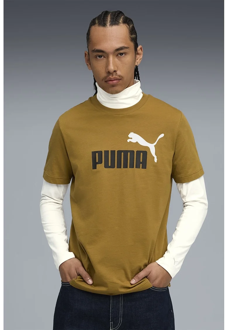 Tricou cu decolteu la baza gatului si imprimeu logo Essentials 2, Galben inchis