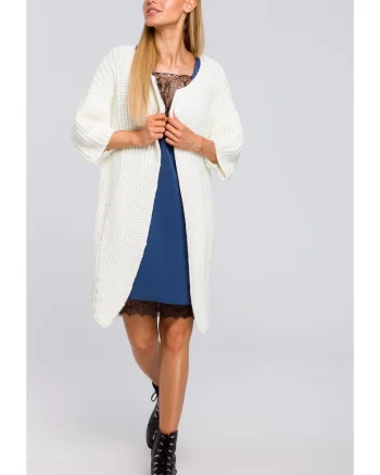 Cardigan lady,  M472, Oversize, Uni, Ecru, lungime lunga, fara