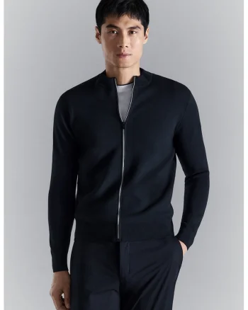 Cardigan cu fermoar si guler scurt, Bleumarin