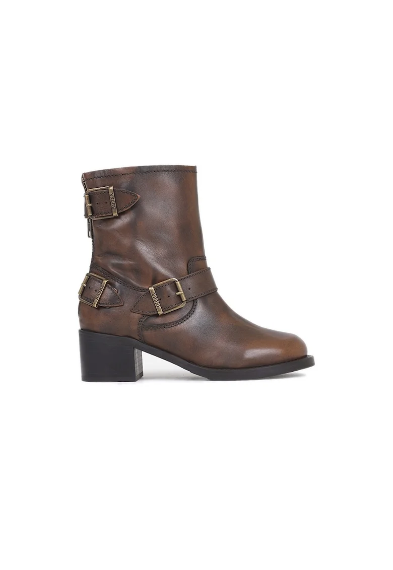 Ghete biker de piele cu toc masiv