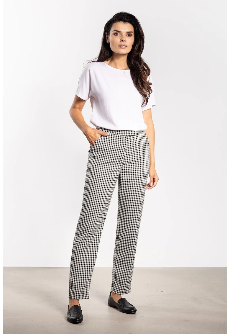 Pantaloni dama,  poliester/elastan, carouri alb/negru, croiala clasica, buzunare laterale