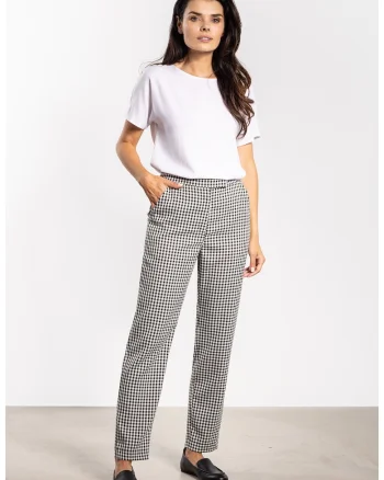 Pantaloni dama,  poliester/elastan, carouri alb/negru, croiala clasica, buzunare laterale