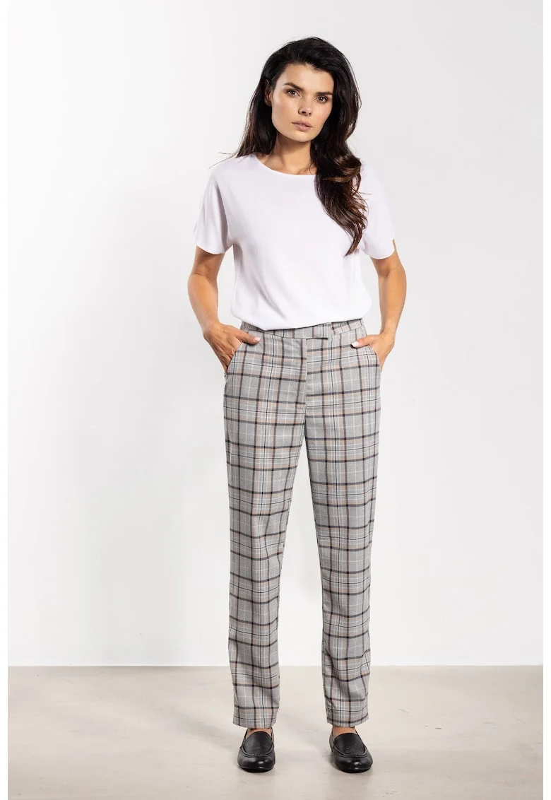 Pantaloni dama,  model carouri, gri, poliester/elastan
