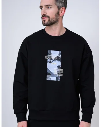 Bluza de trening cu decolteu la baza gatului si imprimeu logo, Negru/Albastru