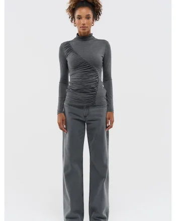 Bluza de dama eleganta gri cu guler inalt si fronseuri, din modal cu elastan,