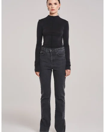 Bluza Neagra cu Guler Inalt din Cupro, Negru