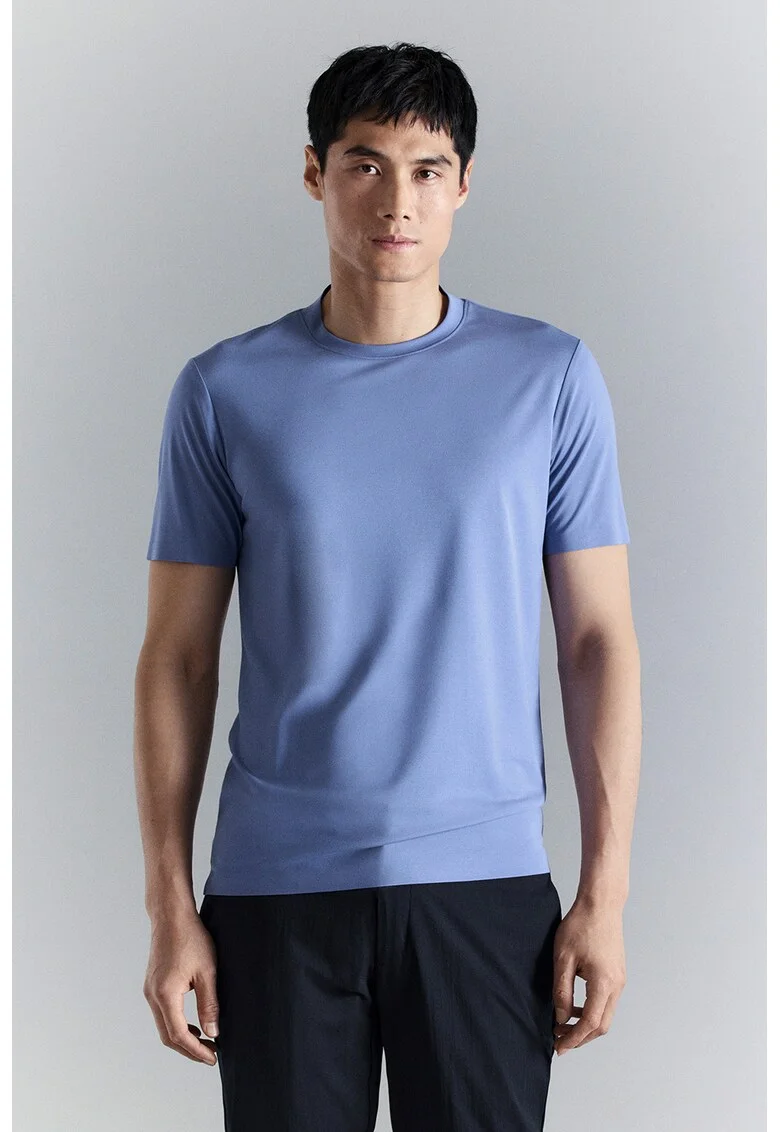 Tricou cu decolteu la baza gatului si model uni, Albastru azur