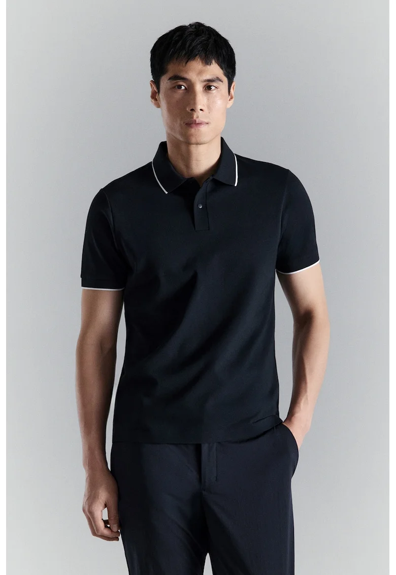 Tricou din amestec de bumbac cu guler polo, Alb/Albastru ultramarin