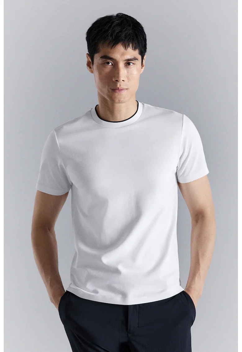 Tricou regular fit cu decolteu la baza gatului, Negru/Alb optic