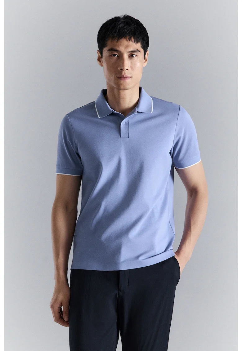 Tricou din amestec de bumbac cu guler polo, Albastru azur