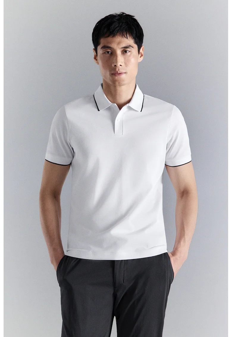 Tricou din amestec de bumbac cu guler polo, Negru/Alb optic