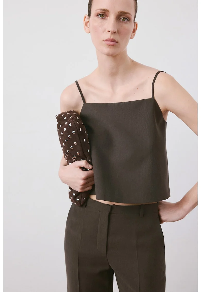 Bluza crop cu model uni, Maro inchis