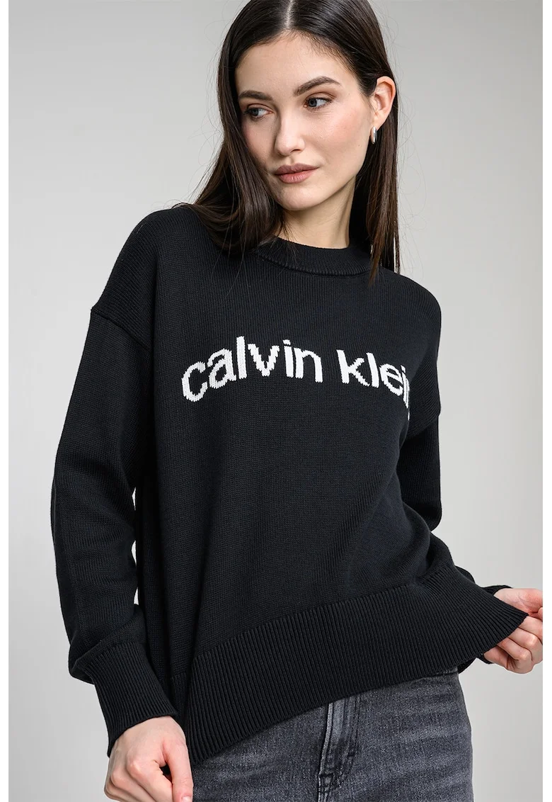 Pulover lejer cu imprimeu logo, Negru