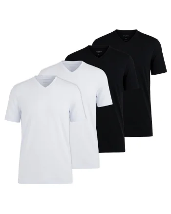 Set de tricouri din bumbac cu decolteu in V - 4 piese, Alb/Negru