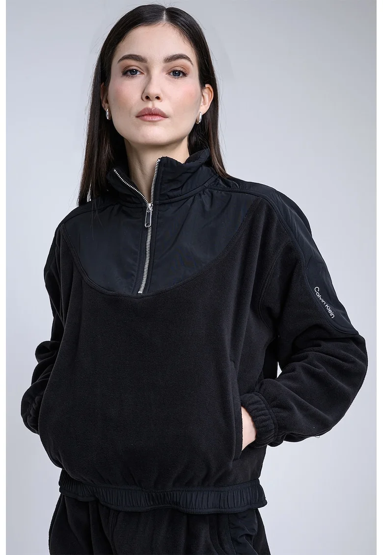 Bluza de trening cu fenta cu fermoar si buzunar kangaroo, Negru